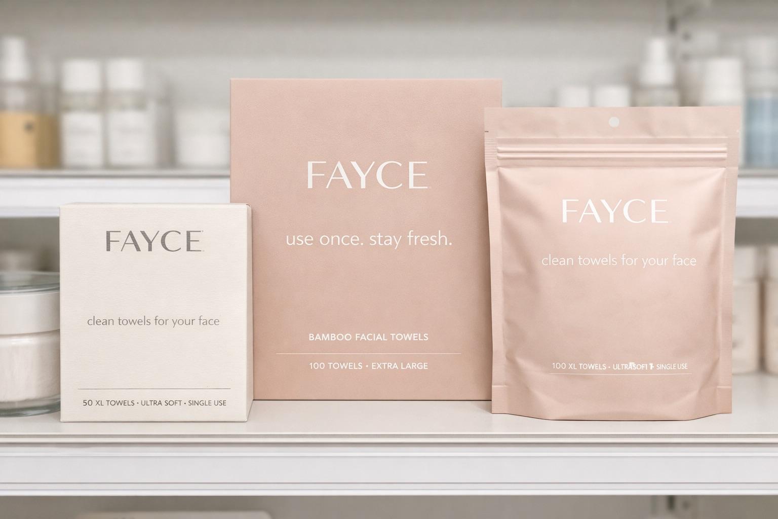 FAYCE disposable face towel box beside two kraft refill pouches on a shelf