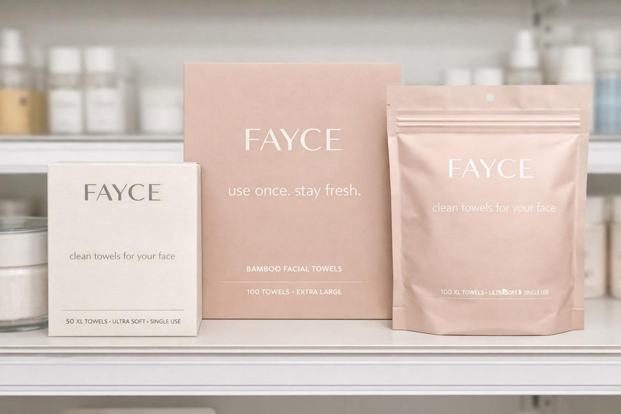 FAYCE disposable face towel box beside two kraft refill pouches on a shelf