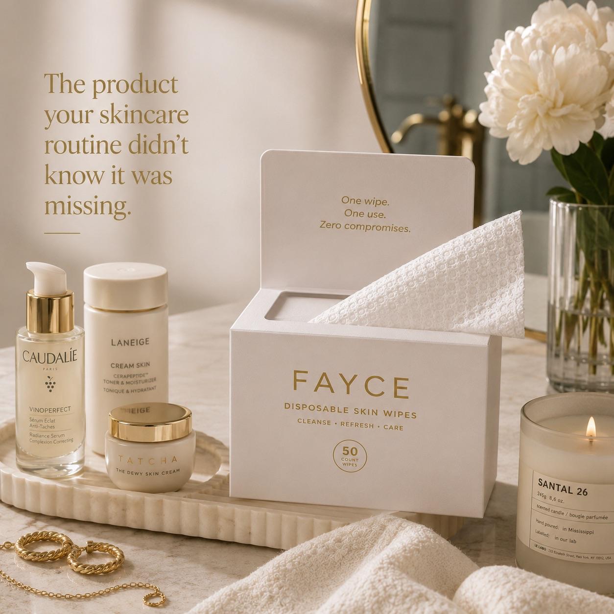 FAYCE face towel box in a vanity flatlay with serums and skincare
