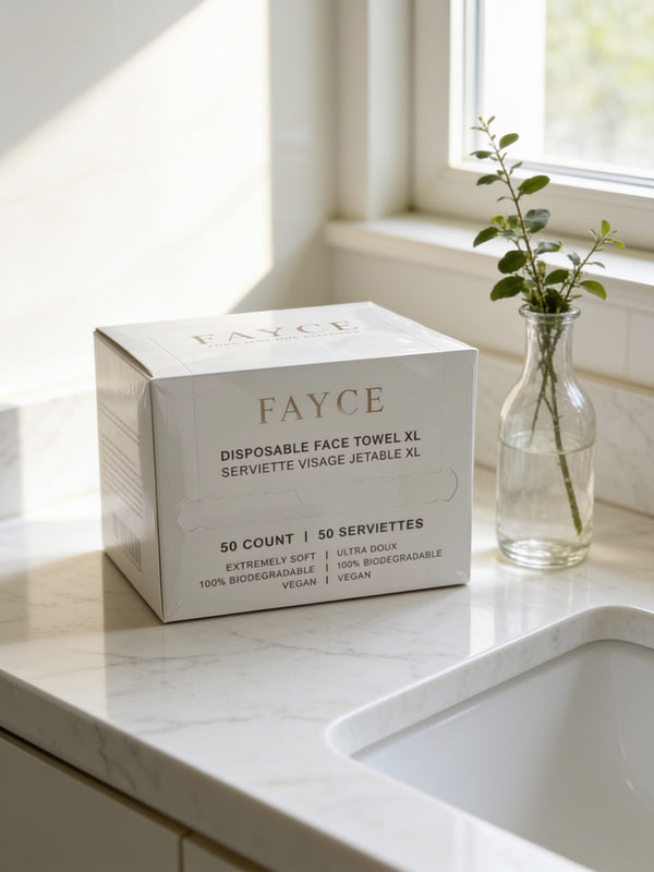 FAYCE Disposable Face Towel XL box on a marble countertop next to a bathroom sink and window