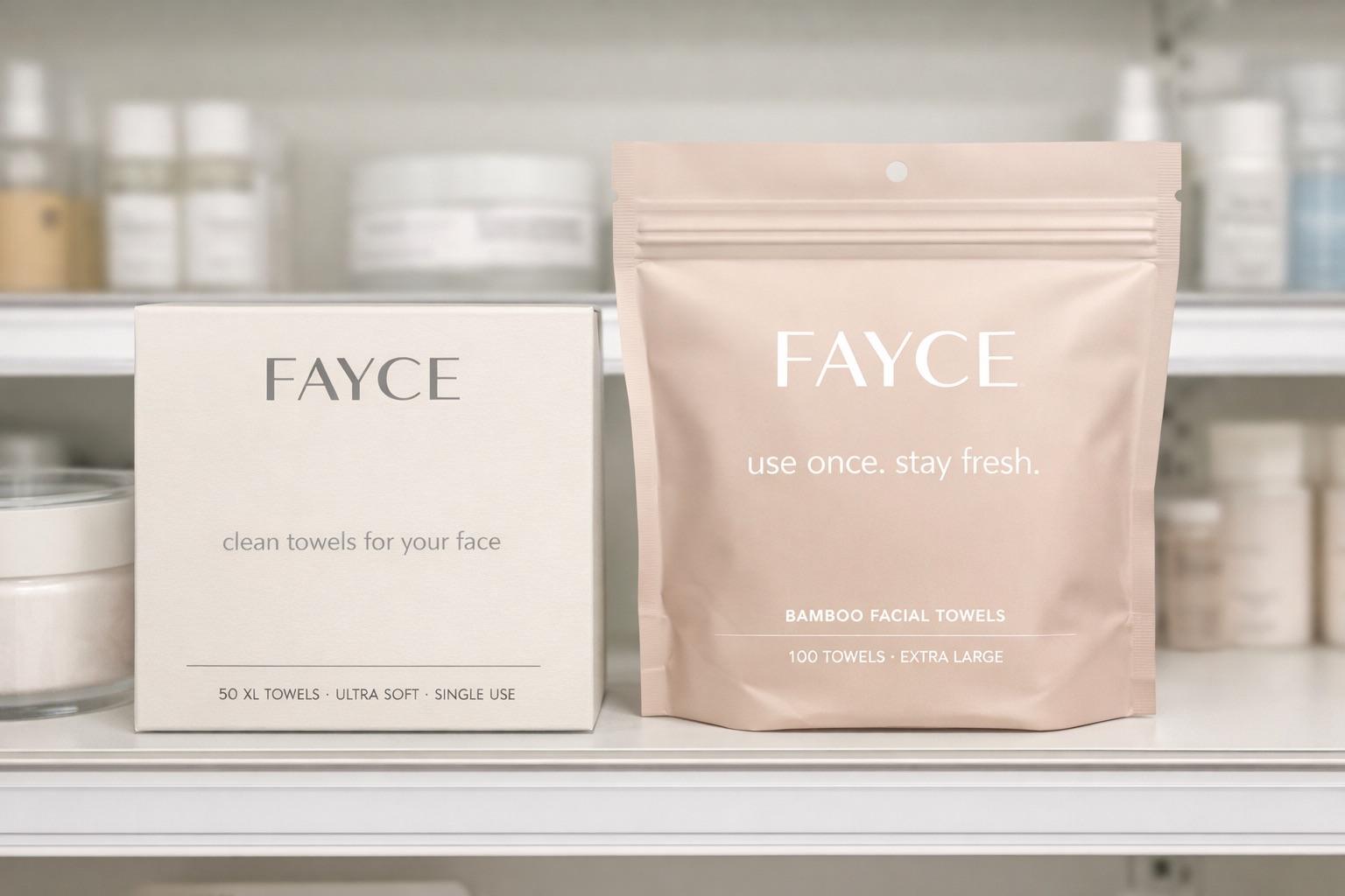 FAYCE disposable face towel box and refill pouch styled on a bathroom shelf with skincare products