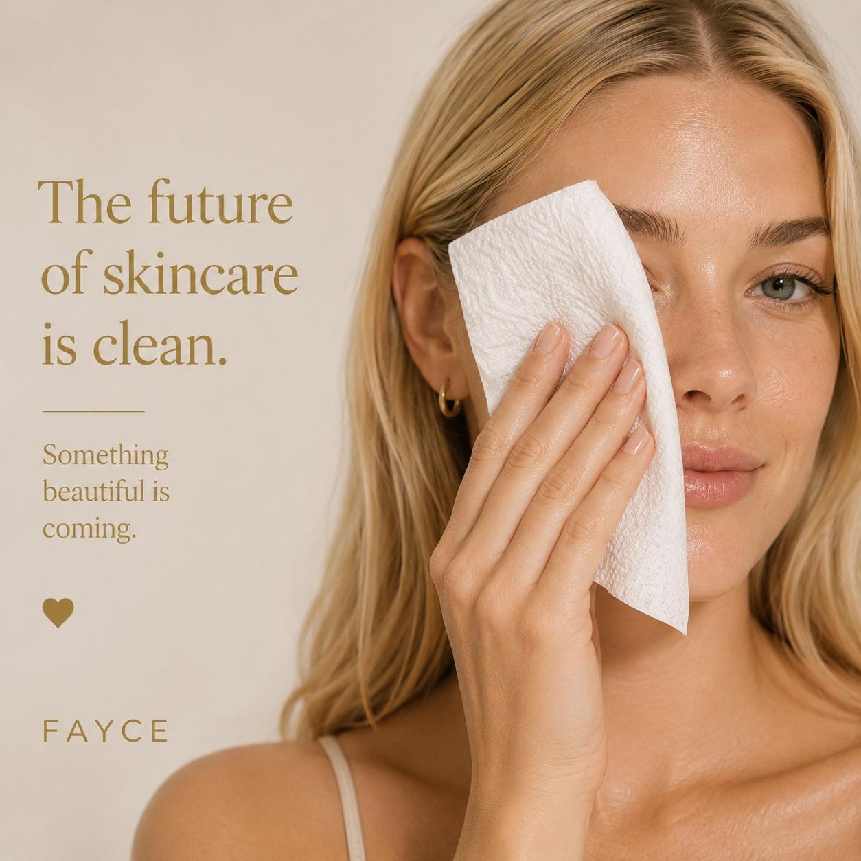 Woman with a FAYCE towel beside the future of skincare is clean message