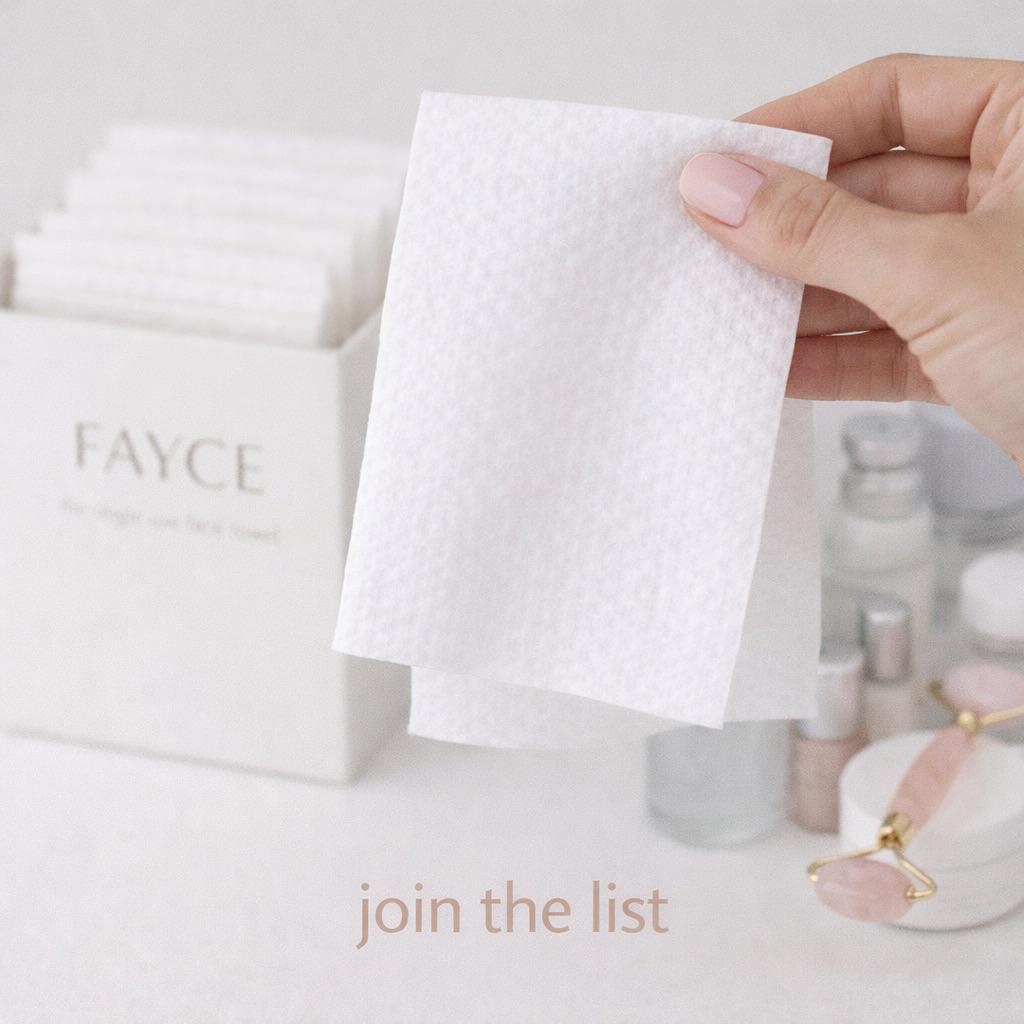 Hand pulling a single disposable face towel from a FAYCE dispenser box