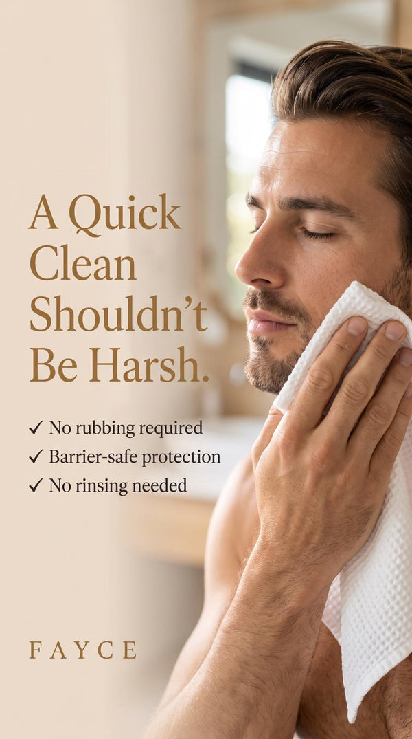 Man wiping his face with a FAYCE towel beside a quick clean shouldn't be harsh message