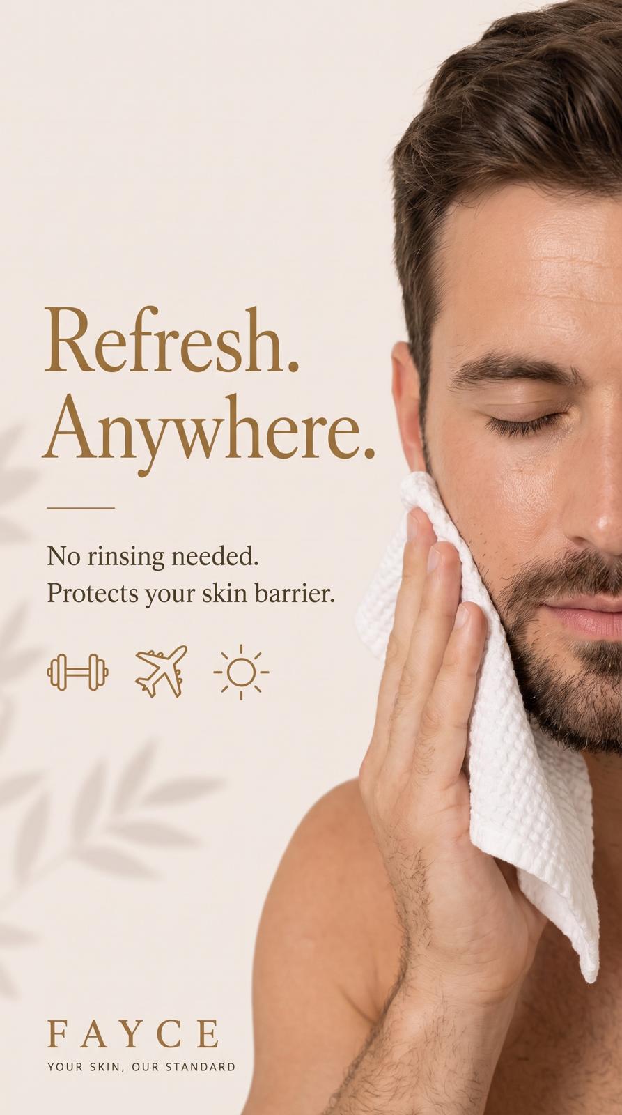 Man refreshing his face with a FAYCE towel beside refresh anywhere message
