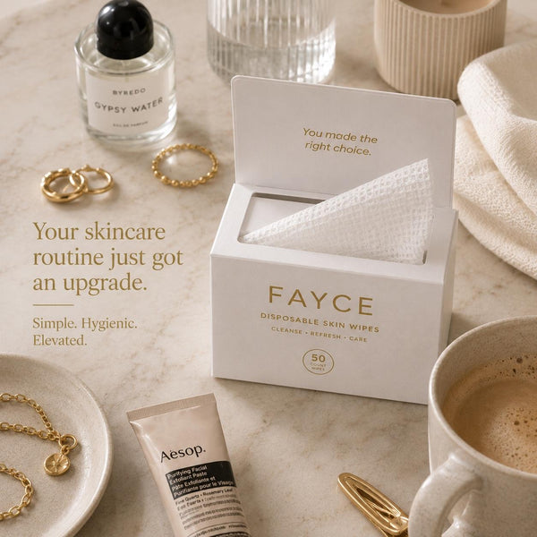 FAYCE disposable skin wipes flatlay with coffee and skincare, routine upgrade
