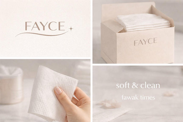 Collage of a hand holding a soft FAYCE disposable facial towel with soft and clean caption